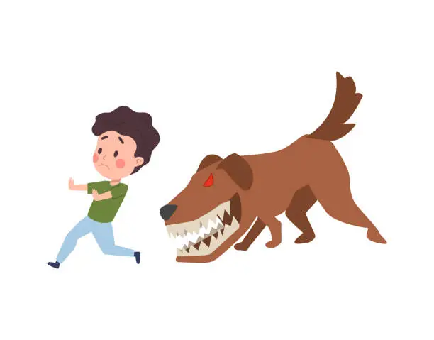 Vector illustration of Vector illustration of frightened boy runs from a huge dog with red eyes that wants to bite him and barks, fear of god, isolated on white background