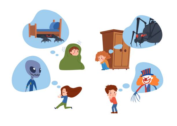 Set of vector illustrations of little frightened children who are afraid clown with claw, huge black spider, black monster with red eyes and alien, fears concept isolated on white background Set of vector illustrations of little frightened girls and boys who are afraid clown with claw for a hand, huge black spider, black monster with red eyes, alien. Cartoon hand drawn design style for children fears, phobia and nightmare concept, isolated on white background ugly people crying stock illustrations