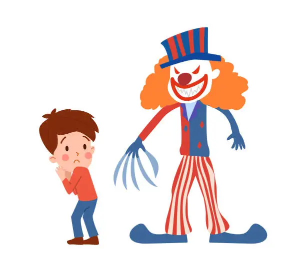 Vector illustration of Vector illustration of little boy afraid of clown with red eyes and a claw for a hand, kid crying scared of creepy face of harlequins, children fears concept isolated on white background