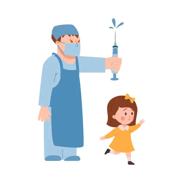Vector illustration of Little girl running away from scary doctor with syringe, flat vector illustration isolated on white background.