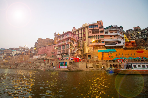 The Hindu Ghats on the River Ganges in Varanasi in India