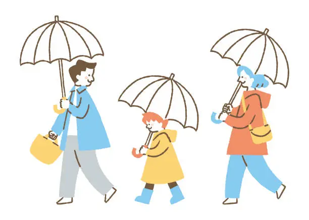 Vector illustration of A family of three walking with an umbrella _ color