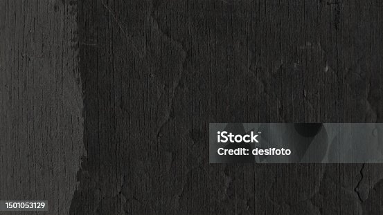 istock Dark grey and black colored grunge textured effect rough rustic texture over horizontal plain empty blank vector wall background with a messy grayscale paint patch on the left border 1501053129