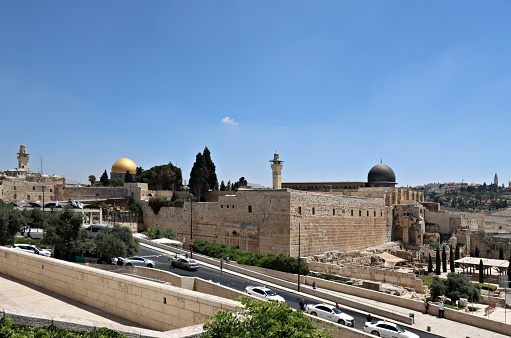 Jerusalem, June 21 2022:\nHere you can see the dark dome of the Al Aqsa Mosque on the right side of the picture. The mosque on Temple Mount is actually called Omar Mosque.