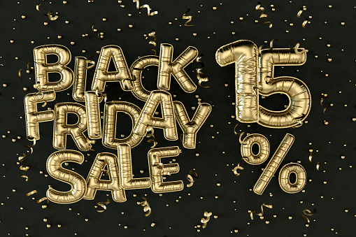 Black Friday Sale Balloons 15 percent off on Black Background. Digitally generated image.