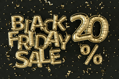 Black Friday Sale Balloons 20 percent off on Black Background. Digitally generated image.