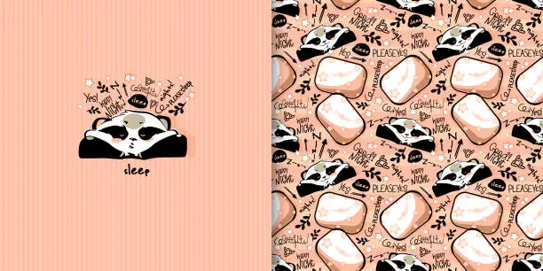 Vector illustration of Stylish business card + cartoon style seamless pattern. Sleepy and awake panda with pillows on a gentle pastel striped background.