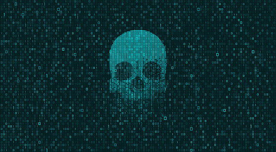 concept of cyber crime, graphic of skull shape with binary code background