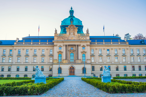 Bruchsal, Germany - June 30, 2022: fountain in the public park of the baroque style castle in Bruchsal in Germany.