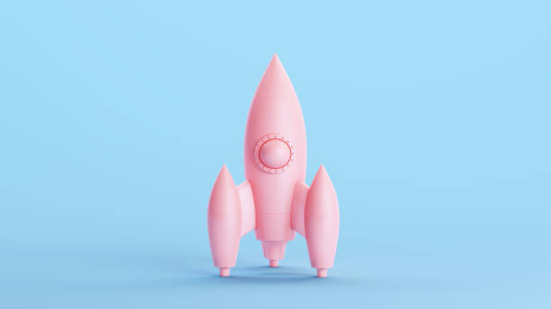 istock Pink Space Rocket Toy Spaceship Simple 3d 1950s Retro Kitsch Blue Background 1501059365