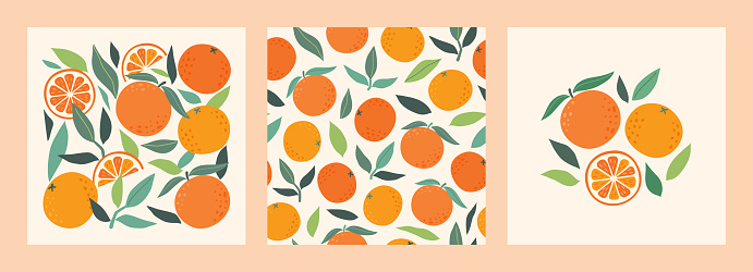 Collection modern abstract prints and seamless pattern with oranges and leaves. Modern art print. Set of citrus tropical fruits. Summer vector design for cards, invitations, posters, banners.