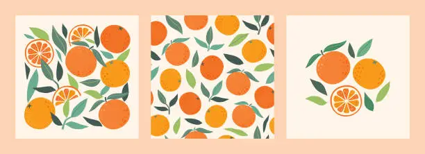Vector illustration of Collection modern abstract prints and seamless pattern with oranges and leaves. Modern art print. Set of citrus tropical fruits. Summer vector design for cards, invitations, posters, banners.