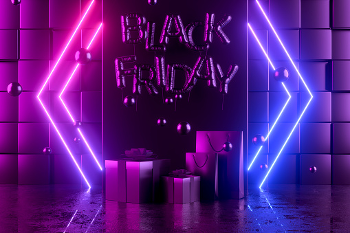 Black Friday balloons with gift boxes and shopping bags, neon lights on black background. Digitally generated image.