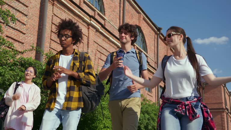 Slider shot of happy young diverse friends having fun and dancing outdoors