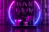 Black Friday balloons with gift boxes and shopping bags, neon lights on black background