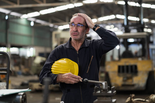 älterer männlicher ingenieurarbeiter, der in der fabrik in der pausenzeit arbeitet. reifer männlicher arbeiter, der arbeitet und sicherheitsuniform trägt, helm in industriefabrik - cnc vehicle part quality control industry stock-fotos und bilder