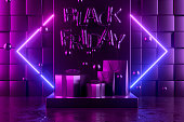Black Friday balloons with gift boxes and shopping bags, neon lights on black background