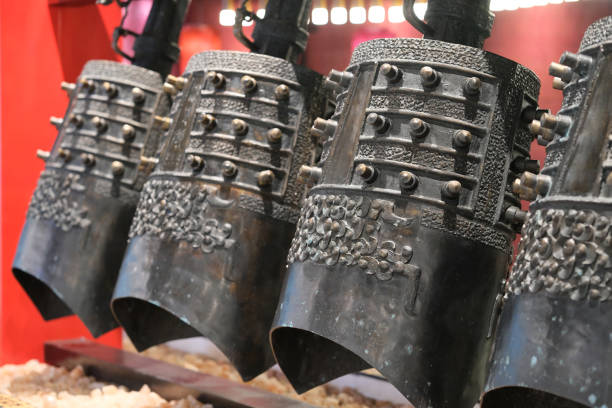 close up several large Bianzhong (Chime Bells). Ancient Chinese musical instrument