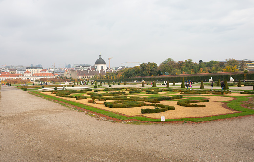 Vienna, October 14, 2022. Panoramic view of the main tourist attractions of the city of Vienna from the territory of the Belvedere palace complex and the green park in the baroque style.