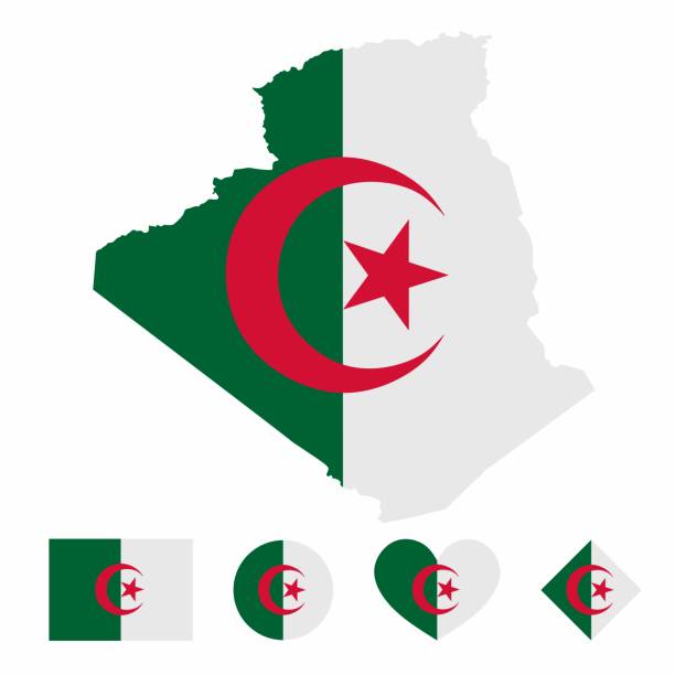 Vector of Algeria map flag with flag set isolated on white background. Collection of  flag icons with square, circle, love, heart, and rectangle shapes. algeria flag silhouettes stock illustrations