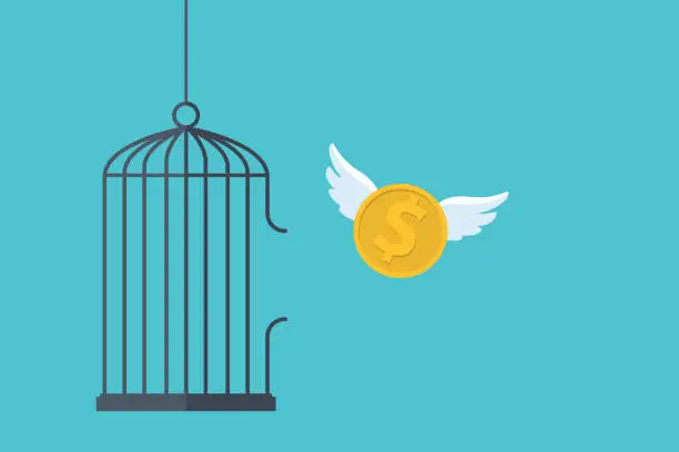 Vector illustration of Dollar flying out from a large birdcage.