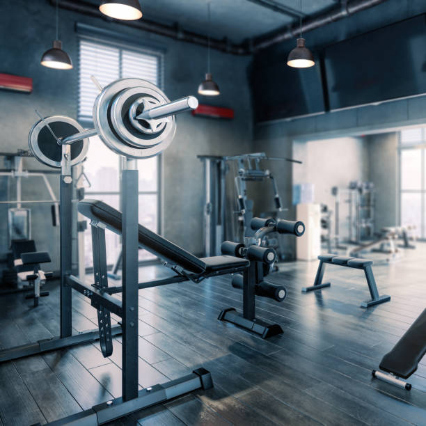 istock Body Building Center With Exercise Machines Integrated Inside a Penthouse Recreation Area (focused) - 3D Visualization 1501067959