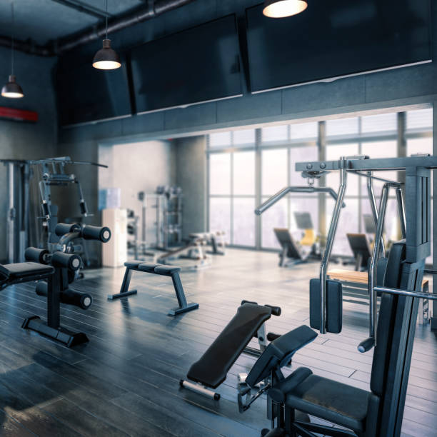 istock Body Building Center With Exercise Machines Integrated Inside a Penthouse Recreation Area (detail) - 3D Visualization 1501067971