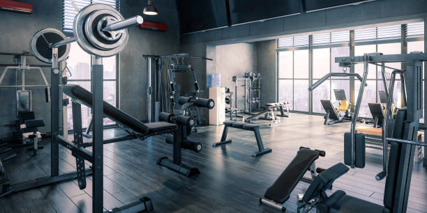 Body Building Center With Exercise Machines Integrated Inside a Penthouse Recreation Area - panoramic 3D Visualization Body Building Center With Exercise Machines Integrated Inside a Penthouse Recreation Area - 3D Visualization exercise room stock pictures, royalty-free photos & images