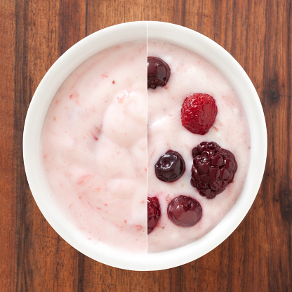 Composite shots of plain strawberry yogurt and other with berry fruits in white bowl for variation concept