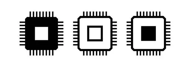 Vector illustration of Chip icons set. Microchip or integrated circuit (IC) pictogram. Symbol of technology, computer and processor or electronic circuit.