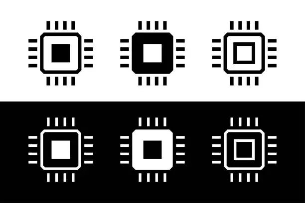 Vector illustration of Chip icons set. Microchip or integrated circuit (IC) pictogram. Symbol of technology, computer and processor or electronic circuit.