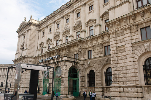 Vienna, Austria - 14 October 2022: Welt museum in Hofburg palace on Heldenplatz square.