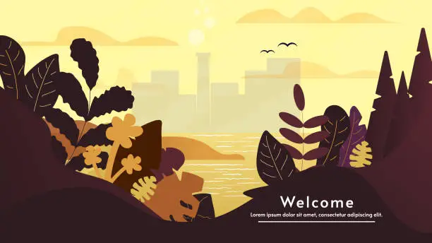Vector illustration of Evening or morning with sunrise or sunset with city on the background. Vector landscape background illustration. Flat 2D cartoon style illustration. Silhouettes of leaf and forest.