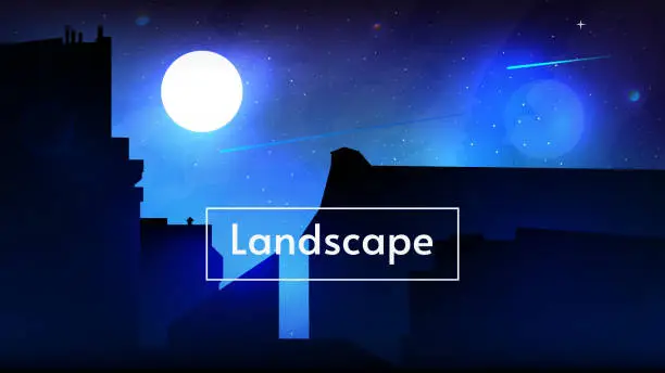 Vector illustration of City night landscape with skyscraper, building. Vector landscape, flat style. Dark background with stars, comets, planets and white moon.