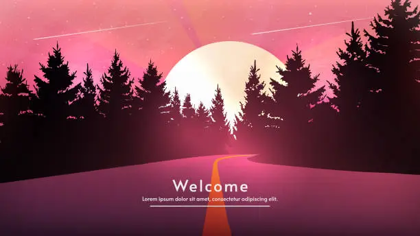 Vector illustration of Dark forest with stars, comets and moon. Night forest with river. Flat style vector illustration. Black silhouettes trees. Beautiful starry sky. Welcome poster, wallpaper, backdrop.