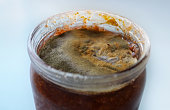 mold on raspberry jam, spoiled foods, mold jar, violation of cooking technology, canned foods, health hazard