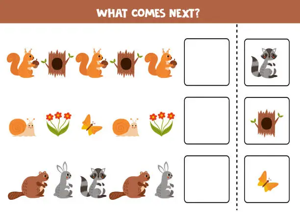 Vector illustration of What comes next game with cute cartoon woodland animals.