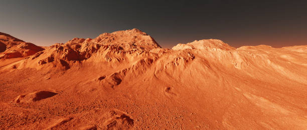 istock Mars landscape, 3d render of imaginary mars planet terrain, science fiction illustration. 1501074421