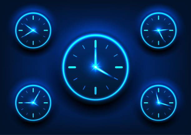 istock Technology background of multiple watch used to tell time dial clock That shines blue on a dark blue background, with the case making it stand out from the background. 1501074433