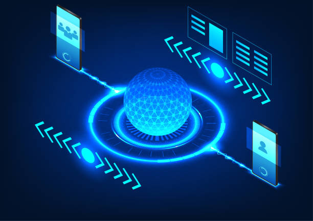 technologia procesora izometrycznego z komunikującymi się smartfonami przekazuje komunikację przez sieć z procesorem, który zbiera dane i konwertuje sygnał do systemu. - iphone application software mother board mobile phone stock illustrations