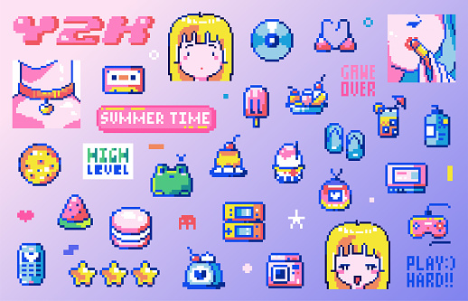 Pixel Art Y2k Geek Sticker Set. 8bit Retro Game Elements Like Vintage Consoles, Sweets, Animals, Anime girls, Cute Summer Objects. Vector summer graphic for game, decoration, stickers, games.