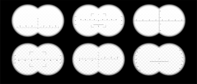 Binocular sight set concept. Rounds and lines on copy space. Animations and games. Design element for mobile programs and applications. Flat vector collection isolated on transparent background