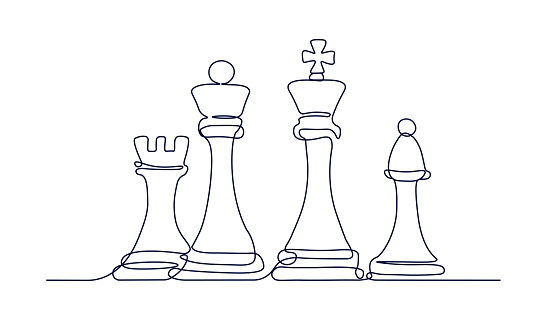 Chess pieces line concept. Minimalist creativity and art. Intellectual game, tournament and competitions. Pawn, king and rook. Linear flat vector illustration isolated on white background