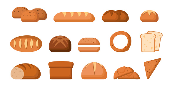 Set of different breads concept. Flour products and pastries. Croissants and samsa. Unhealthy fast food. Bun and baguette. Cartoon flat vector collection isolated on white background