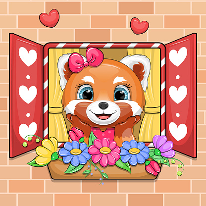 Vector illustration of an animal, a window, a flowerpot with flowers, two red hearts on a brick wall background.