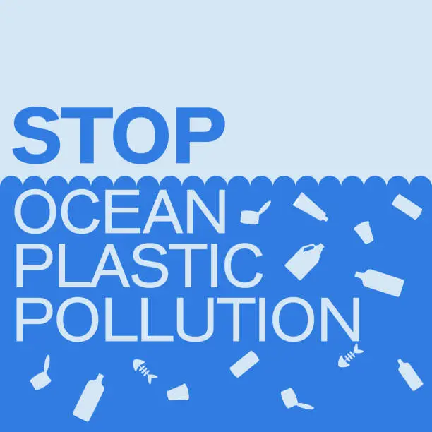 Vector illustration of Stop ocean plastic pollution banner design template. Plastic bags float in sea, trash in water