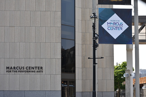 Milwaukee, WI, USA - June 17, 2023: Marcus Performing Arts Center landmark sign in Milwaukee