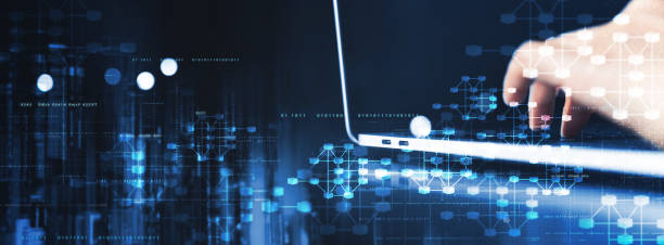 istock Blockchain financial technology to secure cryptocurrencies as bitcoin for online payments and money transaction. Fintech concept with encrypted ledger blocks chained. Man using laptop computer with encrypted block and smart city 1501091057