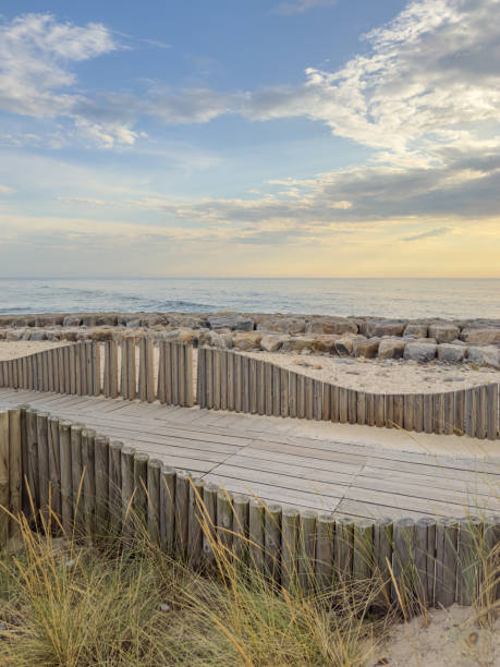 ein hölzerner fußgängerweg, der über einer sanddüne gebaut wurde, die für den zugang zum strand von furadouro verwendet wird, leuchtet bei sonnenuntergang. ovar, aveiro, portugal, europa - beach boardwalk grass marram grass stock-fotos und bilder