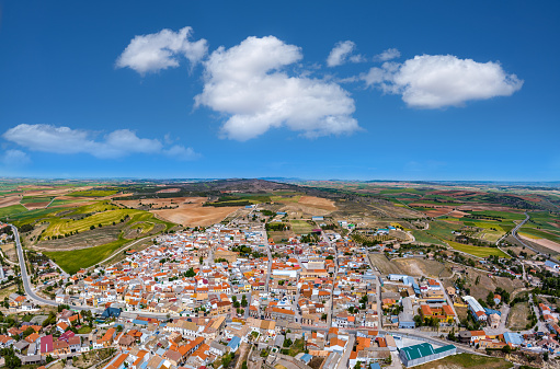 Saelices aerial view village in Cuenca at Castile la Mancha of Spain
